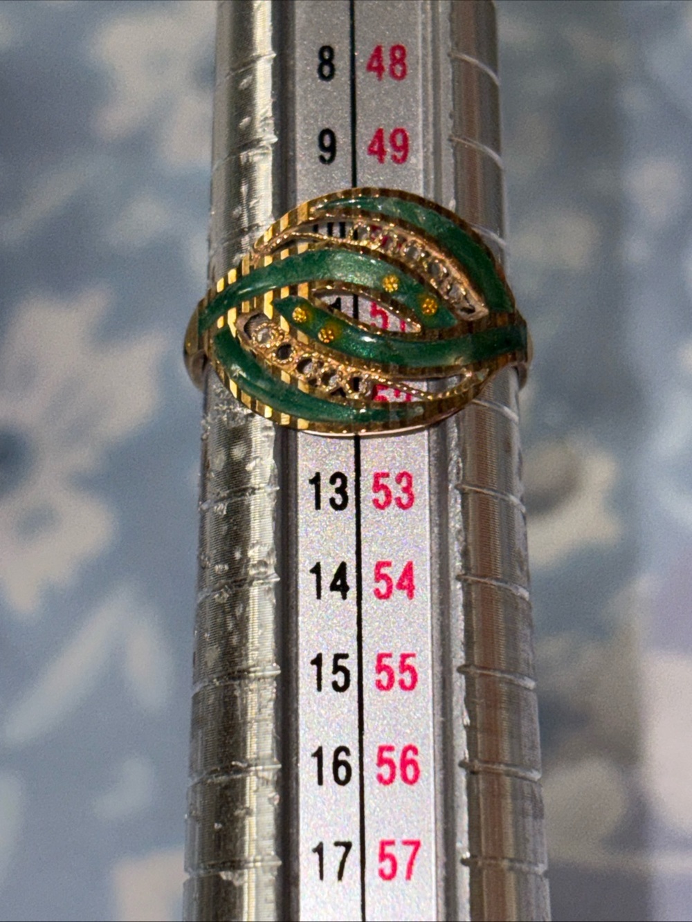 Green Enamel Swirl and 10kt Gold Ring - inside band shows stamping hallmark WOB
